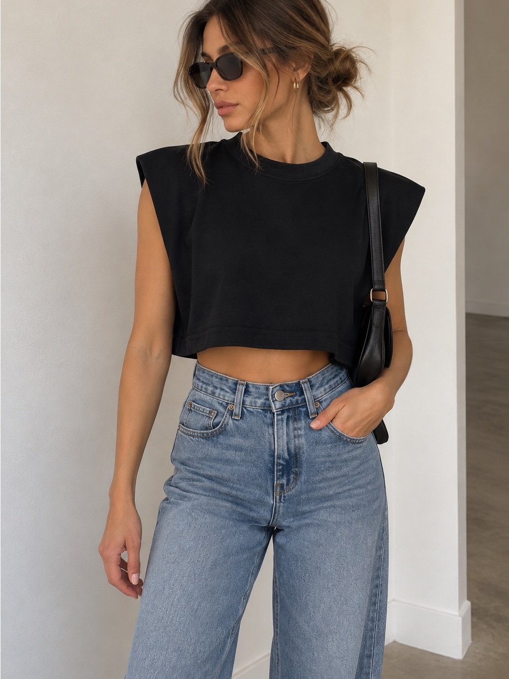 Zara Black Cropped Sleeveless Sweatshirt Padded Shoulder Top M